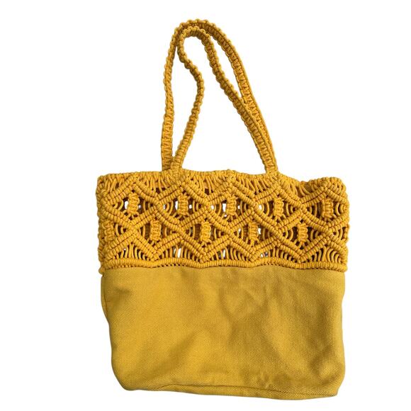 Canvas & Macrame yellow tote bag Craft supplies purse storage shopping shoulder - Picture 1 of 8